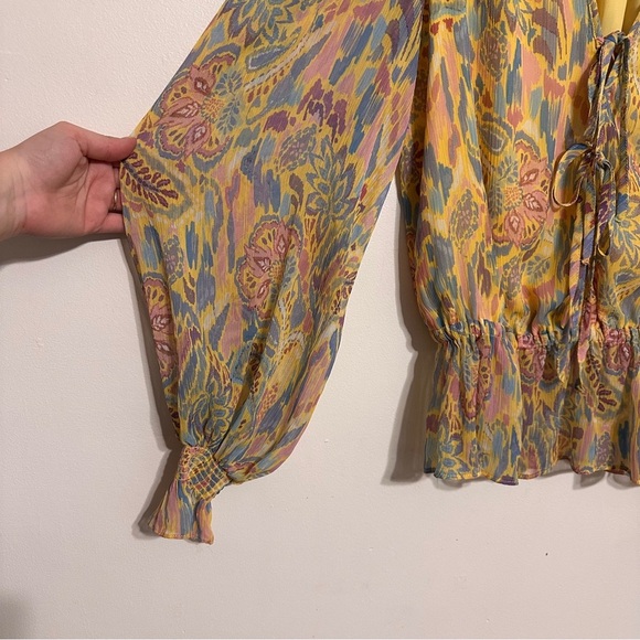Ramy Brook Evie Paisley Print Tie Front Peplum Sheer Sleeve Blouse Yellow Small - Picture 3 of 5